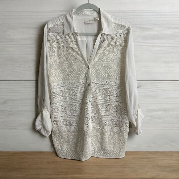 Chico’s Adelaide‎ Crochet Button-Down Blouse 3 Ecru Lace Feminine Women's XL - Picture 1 of 9
